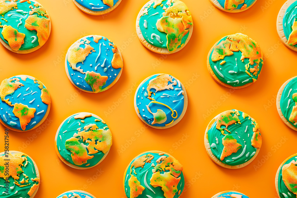 Cookies with a pattern of a globe on an orange background. Earth Day. Cookies with a pattern of a globe on an orange background. Earth Day.