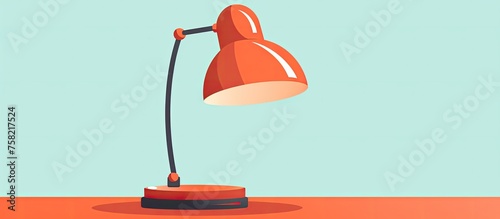 An orange desk lamp, resembling a street light, sits on a rectangular red table made of wood. The vibrant colors create a striking artistic gesture, reminiscent of a ripe fruit in carmine hue