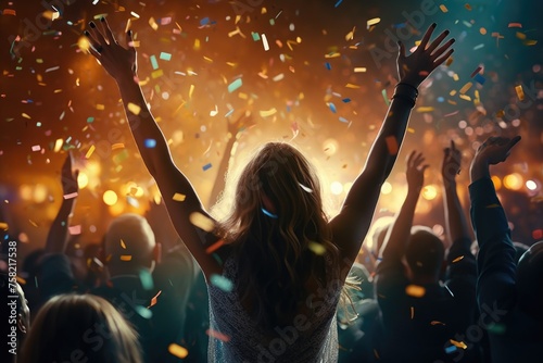A woman standing in front of a crowd with confetti. Suitable for celebration events