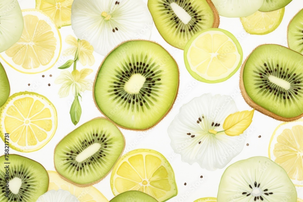 Fototapeta premium Fresh sliced kiwis and lemon slices on a white surface. Suitable for food and beverage concepts