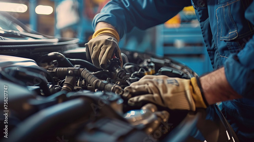 Hands of a mechanic wearing gloves working on a vehicle's engine, under the hood in an automotive workshop