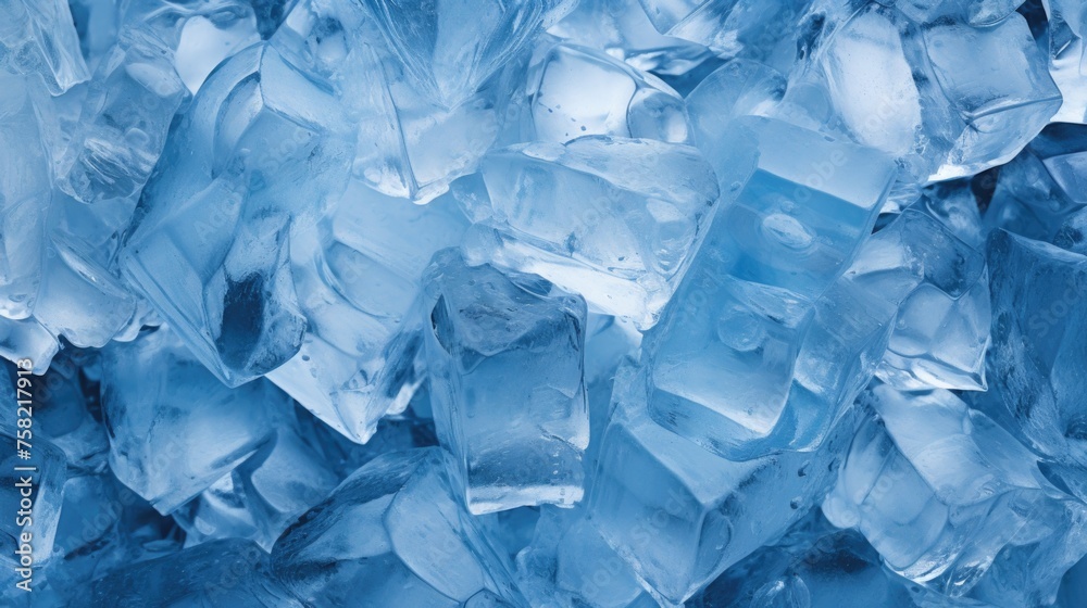 A pile of ice cubes stacked on top of each other. Suitable for beverage and cooling concepts