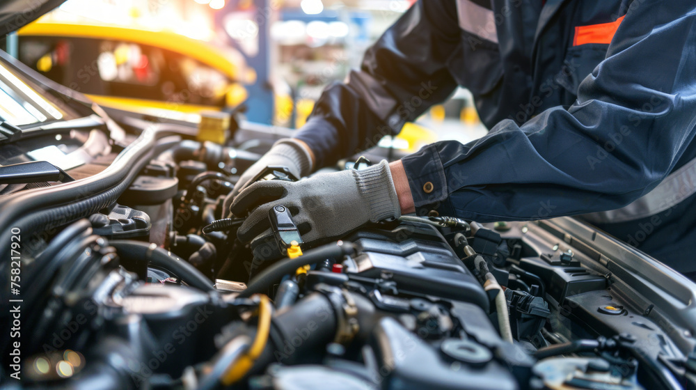 A focused mechanic is seen servicing a modern car engine, showcasing technical skills and automotive knowledge A focused mechanic is seen servicing a modern car engine, showcasing technical skills and automotive knowledge