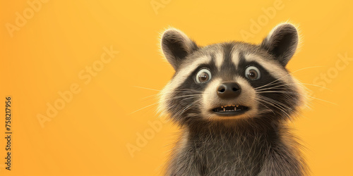 3D cartoon a small raccoon surprised on a orange e background. Copy space. Banner