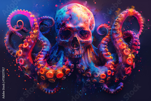 A frightening neon skull with tentacles of neon color highlighted on a black background.