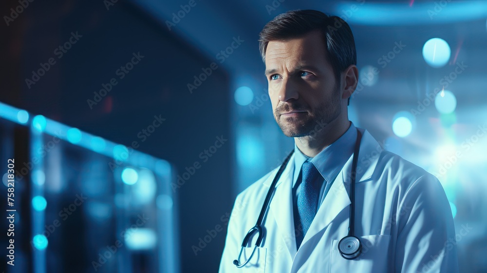 Fototapeta premium Portrait of serious doctor with stethoscope in corridor