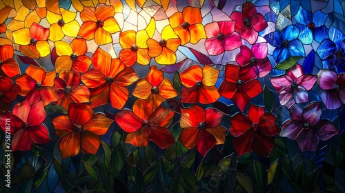  a close up of a stained glass window with a bunch of flowers in the middle of the window and the colors of the stained glass are red  blue  yellow  orange  red  green  yellow  and purple  and red.