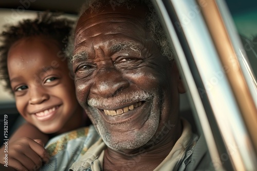 A smiling elderly man and a young girl enjoy a moment together in a car
