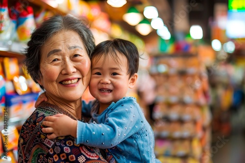 A joyful grandmother embracing her smiling toddler grandchild in a colorful market setting
