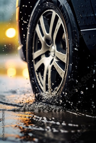 Close up of a car's tire on a wet road. Suitable for automotive and transportation concepts