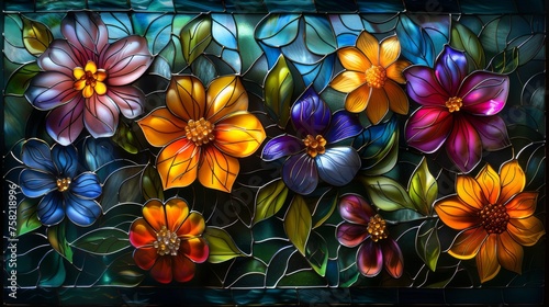  a close up of a stained glass window with a bunch of flowers on the outside of the window and leaves on the inside of the outside of the window.