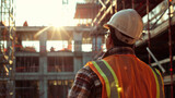 A construction worker wearing a hard hat viewed from behind at a construction site during sunrise