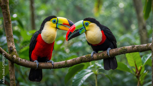 Two colorful birds with large beaks are sitting on a branch.