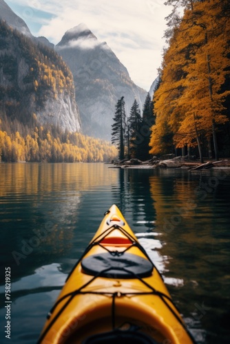 A yellow kayak floating on a serene body of water. Ideal for outdoor and adventure concepts