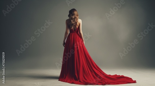 A woman in a red dress standing in front of a gray background. Suitable for fashion or business concepts