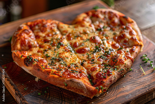 Heart-shaped pizza on wooden board with melted cheese and herbs