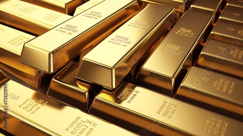 Polished gold bars neatly stacked, shining brightly.