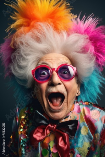 Elderly woman wearing a vibrant wig and funky glasses. Suitable for fashion or senior lifestyle concepts