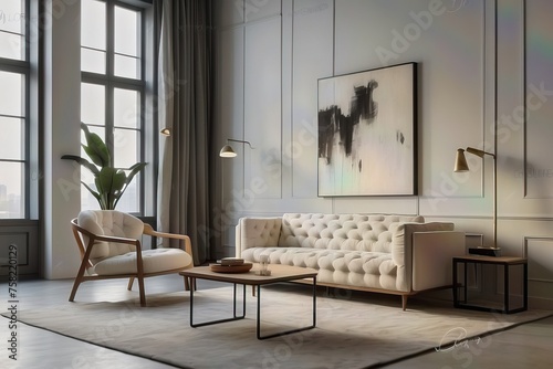 white tufted sofa against concrete wall with art poster. Minimalist  loft  urban home interior design