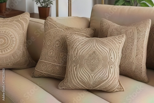 Close up of beige fabric sofa with Terra cottar pillows. Boho style home interior design of modern living room.