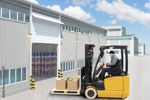 Forklift Operator Moving Boxes at a Logistics Warehouse Facility