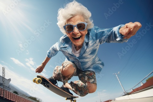 Elderly woman riding skateboard down ramp, suitable for active lifestyle concepts