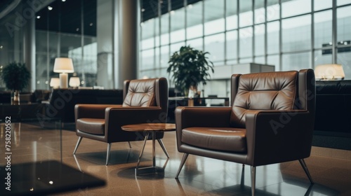 Two brown leather chairs side by side. Perfect for interior design projects