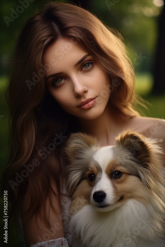 A young woman holding a dog in a park, perfect for pet owners or outdoor enthusiasts