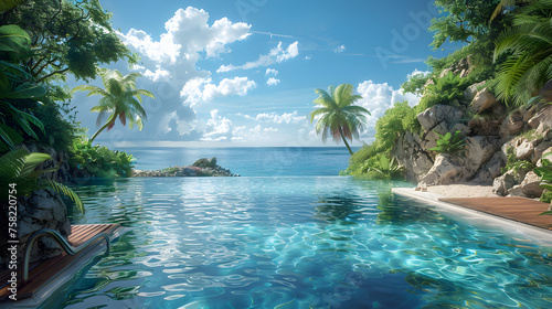 A luxurious infinity pool offering a mesmerizing view of the ocean  encapsulated by lush greenery and clear blue skies