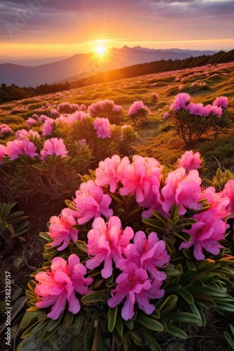 Beautiful sunset over a field of colorful flowers. Great for nature and landscape themes © Fotograf