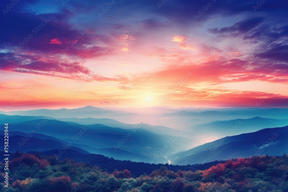 Fototapeta premium Scenic view of sunset over a mountain range. Ideal for nature and travel concepts