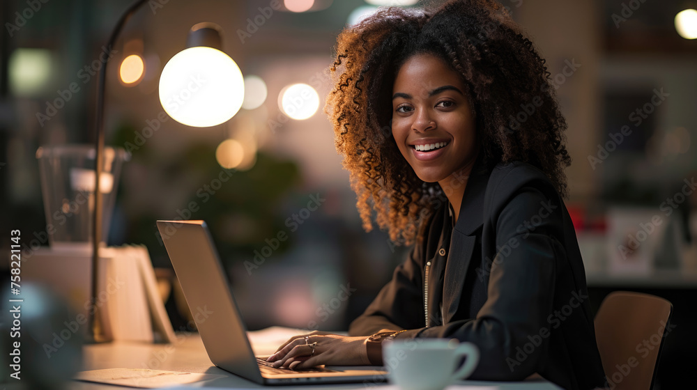 Young woman seated and smiling at the camera, with a laptop in front of her and a blurred office environment in the background Young woman seated and smiling at the camera, with a laptop in front of her and a blurred office environment in the background