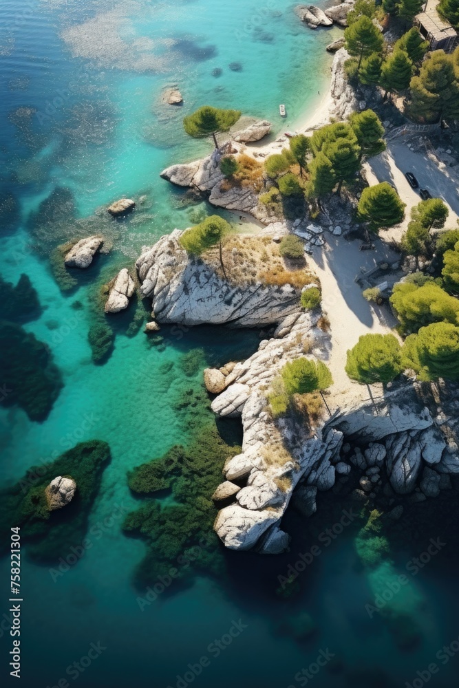 Aerial view of a sandy beach with clear water, ideal for travel brochures