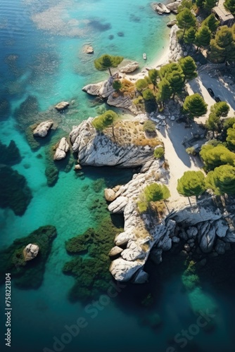 Aerial view of a sandy beach with clear water, ideal for travel brochures