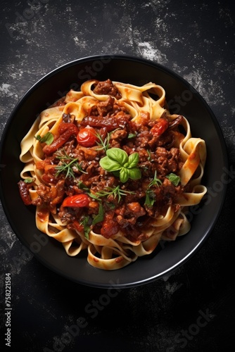 A bowl of pasta with delicious meat and fresh tomatoes. Perfect for food and cooking concepts