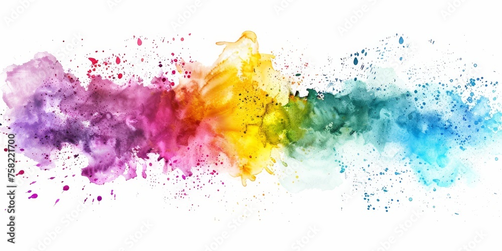 Vibrant watercolor splash in rainbow hues against a white backdrop, symbolizing creativity and diversity.