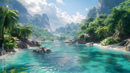 A serene jungle river winds its way into a peaceful beach flanked by dramatic cliffs and lush vegetation