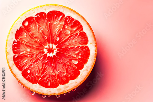 Close-up of a juicy  sliced grapefruit with droplets of juice visible  set against a soft pink background  highlighting the fruit   s vibrant colors and intricate textures.