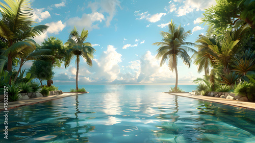 An enchanting view capturing the serene tropical infinity pool merging with the vast ocean under a dusky sky © Reiskuchen