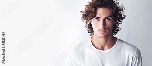 Confident young man exuding charisma in a white shirt with stylish long hair
