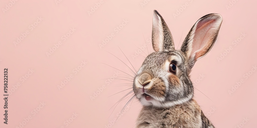 Obraz premium Funny surprised rabbit on a light pink background. Copy space. Banner