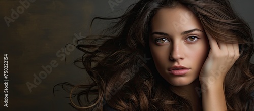 Portrait of a Woman with Flowing Brown Hair Wearing a Black Shirt Looking Confident