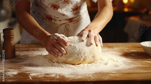 A woman kneading dough on a wooden table, perfect for baking or cooking concepts