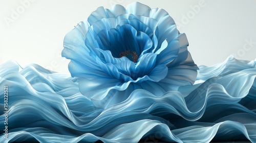  a large blue flower sitting on top of a bed of blue ruffles in front of a white wall. photo