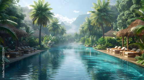 An idyllic tropical resort scene with huts  palm trees  loungers  and a pool leading to misty mountains in the background