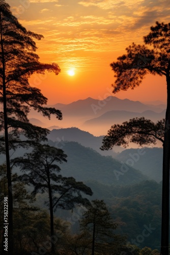 Sun setting over beautiful mountain landscape, perfect for nature-themed designs