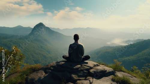 A man sitting on top of a large rock. Suitable for outdoor and adventure themes