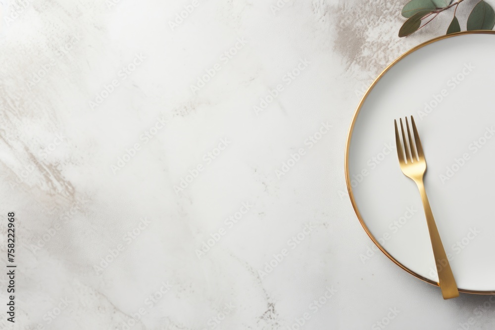 A simple image of a gold fork on a white plate. Suitable for food and dining concepts A simple image of a gold fork on a white plate. Suitable for food and dining concepts
