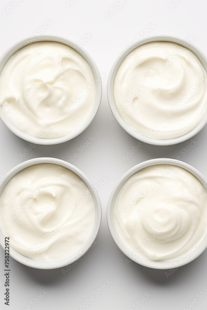 Four bowls of yogurt on a white surface. Suitable for food and nutrition concepts Four bowls of yogurt on a white surface. Suitable for food and nutrition concepts