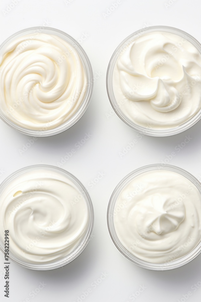 Four bowls of whipped cream on a clean white surface. Perfect for food and dessert concepts Four bowls of whipped cream on a clean white surface. Perfect for food and dessert concepts